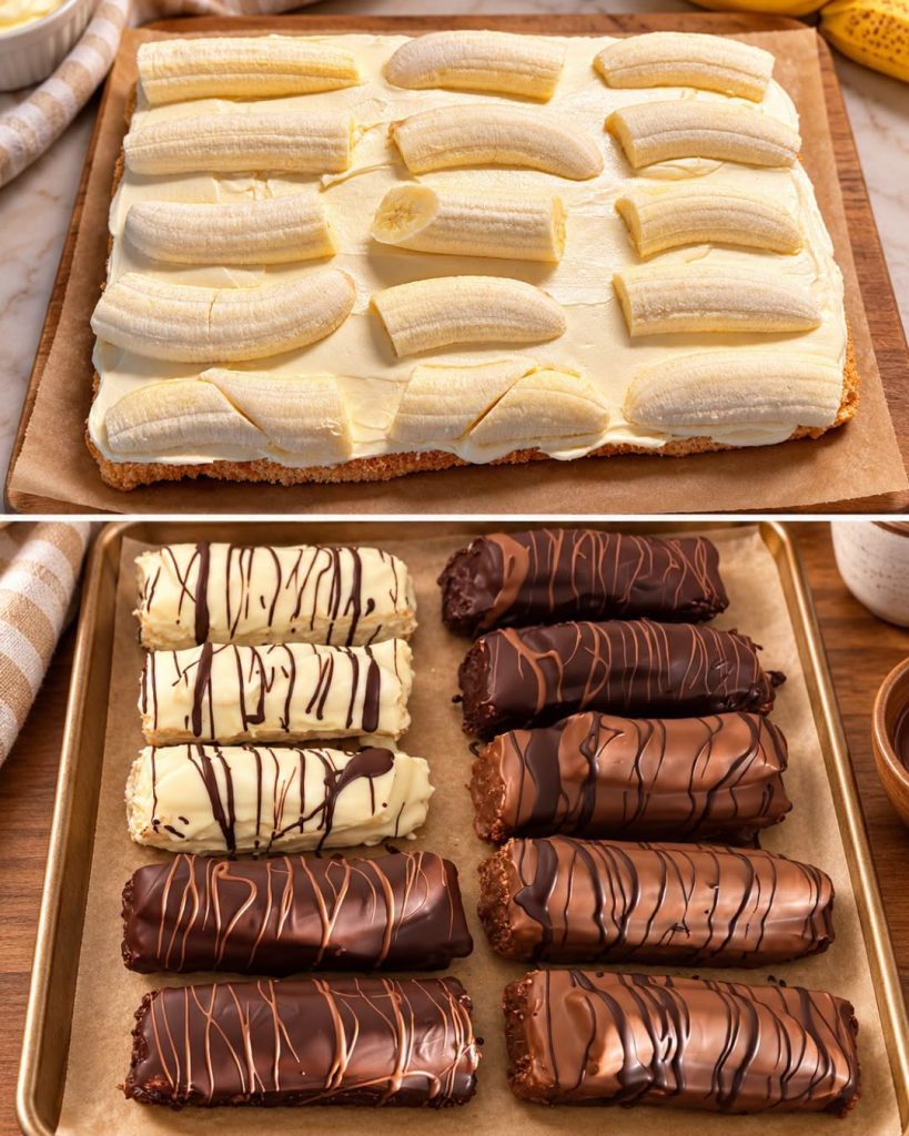 Bananes au chocolat comme chez le pâtissier – avec génoise, crème au beurre et enrobage croquant au chocolat 🍌🍫❤️