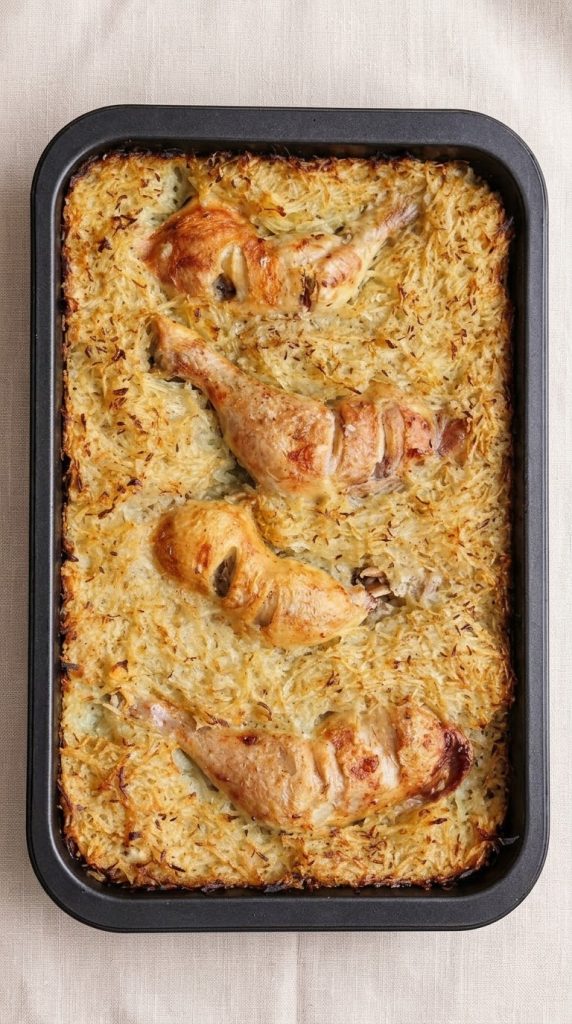 Je râpe 5 pommes de terre sur une plaque, j’y dépose des cuisses de poulet et je prépare ce plat jusqu’à 3 fois par semaine : un vrai régal ! 👆️😲
