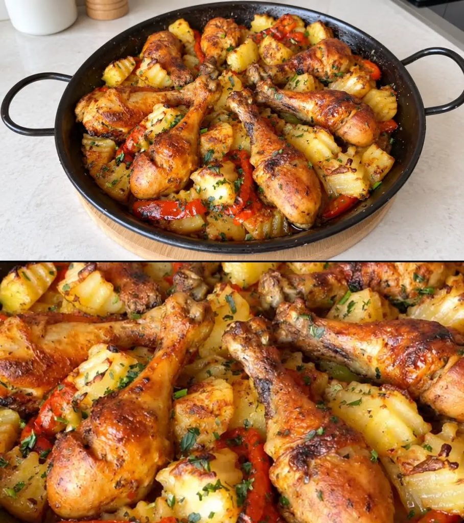 Pilons de poulet marinés au yaourt, cuits directement sur les pommes de terre : un repas complet en un seul plat